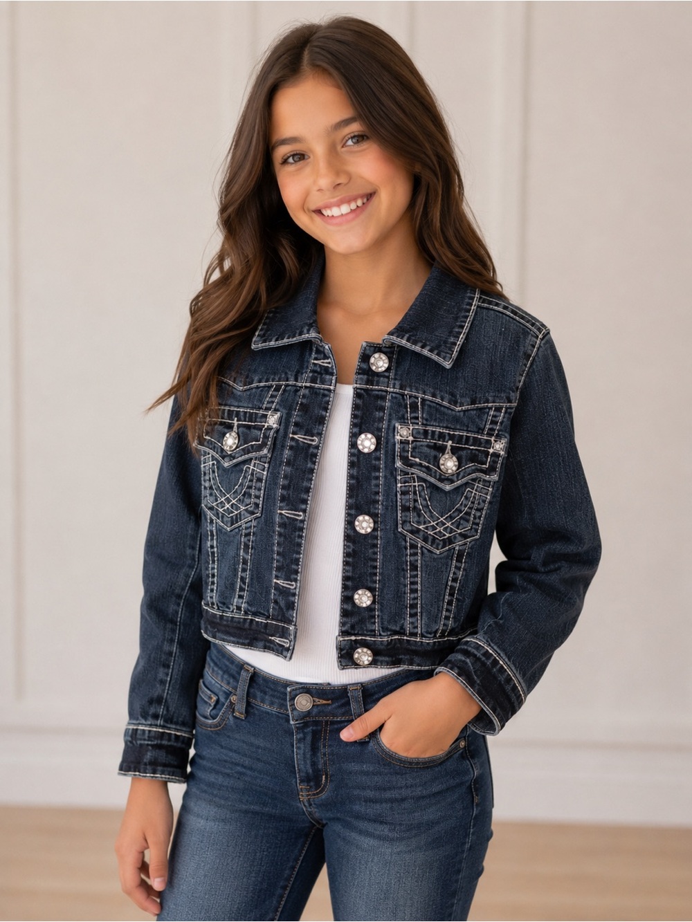L.A. Idol Kids cropped denim jacket white stitching  rhinestone buttons Medium